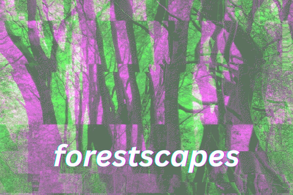 6 pink tree trunks appear with a glitch filter on a background of green. the word forestscapes in white italic lettering at the bottom of the image
