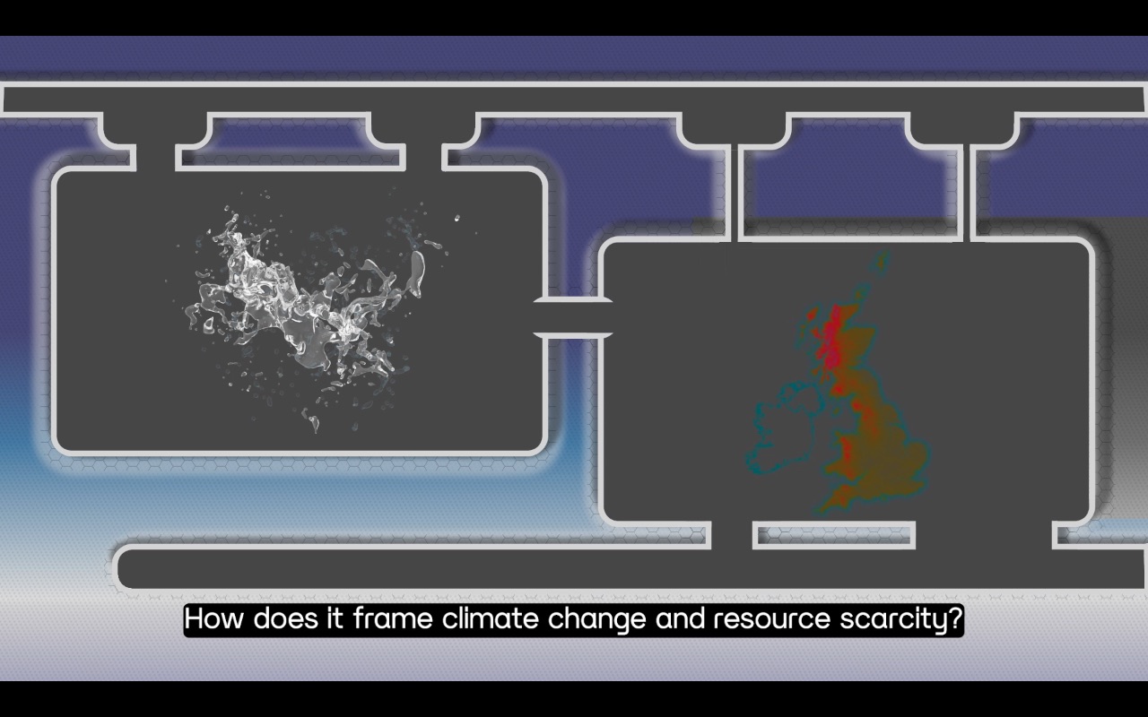a horzontal gradient blue to white background with drawings of two boxes side by side connected by pipes. left box shows a 3D water splash and the right the UK heatmap for water scarcity. subtitle reads How does it frame climate change and resource scarcity